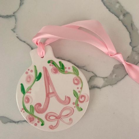 Children's Christmas Ornament / First Christmas/ Pink and - Etsy | Etsy (US) Home Ceramics, Monogrammed Christmas Ornaments, Christmas Preschool, Preppy Monogram, Simple Bow, Monogram Painting, Grand Millennial, Birthday Plate, Leaf Ornament