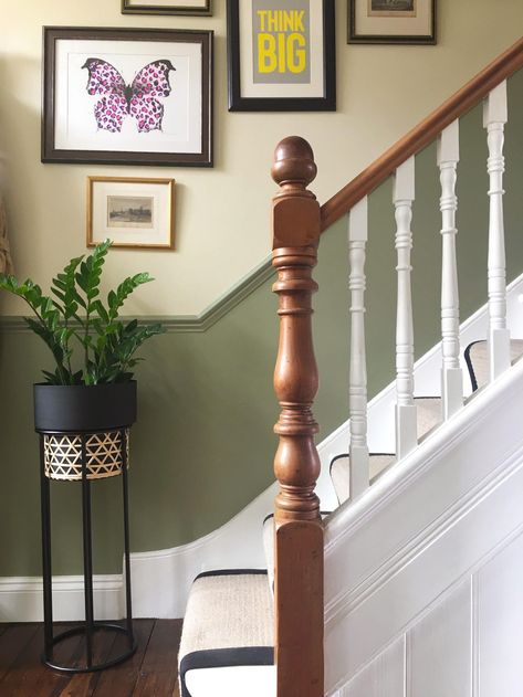 Staircase Ideas 1930s, Georgian Staircase Ideas, New Build Staircase Ideas, Two Tone Bannister, Cottage Core Staircase, Stairs Dado Rail, Uk Stairs Ideas, Small Banister Ideas, Uk Staircase Ideas