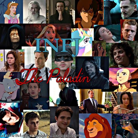 INFJ - The Paladin - Examples: Cinderella, Gandalf, Aro, Zuko, Ra's al Ghul, Emperor Palpatine, Rapunzel, Princess Celestia, Wanderer/Wanda, Peeta Mellark, Tarzan, Frodo Baggins, Pam Halpert, Peter Burke, Wesley, Aragorn, Aang, Dumbo, Captain America, Luke Skywalker, President Jed Bartlet, River Tam, Superman, Harry Potter, Edward Cullen, Mufasa and Oogway the Turtle Infj Personalidade, Infj Characters, Personalidad Infj, Infj Type, Infj Mbti, Infj Personality Type, Infj T, Myers Briggs Personalities, Myers–briggs Type Indicator