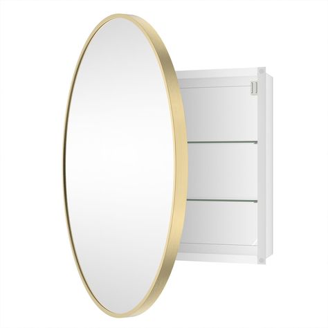 PRICES MAY VARY. [HIGH QUALITY ROUND PHARMACY CABINET] This gold round mirrored medicine cabinet is made of high quality metal to ensure durability and fits perfectly into a variety of decorative styles. [Great Circular Mirror Medicine Cabinet]The Bathroom Medicine Cabinet offers tons of space for your bathroom essentials. This round medicine cabinet includes 2 5MM glass shelves with a spacious interior to keep all your items neatly organized. With the mirror and cabinet in one, the image is cle Round Medicine Cabinet Mirror, Bathroom Medicine Cabinet Makeover, Gold Medicine Cabinet, Brushed Gold Bathroom Fixtures, Gold Mirror Bathroom, Small Medicine Cabinet, Large Medicine Cabinet, Gold Bathroom Fixtures, Bathroom Cabinet With Mirror