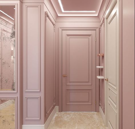 Pink Crown Molding Wall, Pink Media Wall, Pink Tv Room, Pink Paneling, Murs Roses, Nursery Room Inspiration, Decor Home Living Room, Paint Colors For Home, Beauty Room