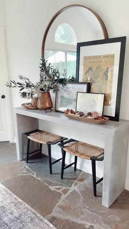 Showing you these foot stools in more detail. They also come in a white/natural color version. #bench #stool #consoletable #diningroom #entryway #wayfairfinds #wayfairhome #onlineinteriordesign #LTKhome Entryway With Stool, Console Table Seating, Entryway Table With Bench, Entryway Table With Stools Underneath, Console Table Styling With Mirror, Entry Bench With Mirror, Entryway Table With Ottomans, Entry Bench Decor Entryway, Stool Entryway