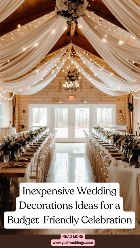 A beautifully decorated wedding venue with DIY decor, affordable centerpieces, and stylish, budget-friendly decorations creating a memorable celebration. Wedding Decor For Small Wedding, Wedding Decor At Home Simple, Rustic Wedding On A Budget Diy, Wedding Decor Affordable, Cost Effective Wedding Decor, Small Home Wedding Decorations Indoor, Cheap Ceremony Decorations, Small Indoor Wedding Decorations, Weddings In March