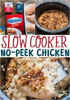 Slow Cooker No-Peek Chicken has chicken breasts, white rice in a creamy onion sauce. - The Magical Slow Cooker #crockpot #nopeekchicken Creamy Onion Sauce, Stuffed Veggies, No Peek Chicken, No Peek, Magical Slow Cooker, White Rice Recipes, Creamy Chicken And Rice, The Magical Slow Cooker, Chicken Lasagna