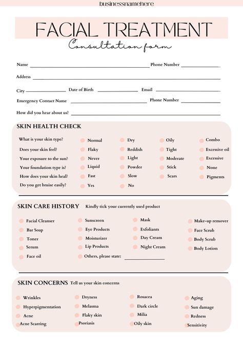 EDITABLE facial consultation form template is for you to customize for your clients in your business. The text has already written for you. Perfectly for Facial, Salon, Spa, Beauty, Skincare, Esthetician, Lash Technician and other beauty businesses like you. It is also easily edited in CANVA free version so that you can customize to your own business. It is completely customizable and available in 2 sizes: 1) A4 DOCUMENT 2) US LETTER Client Consultation Forms Facial, Esthetics Portfolio Ideas, Client Intake Forms Esthetician, Facial Client Consultation Form, Facial Forms Skin Care, Express Facial Bar, Beauty Consultation Form, Esthetician Products Skincare, Esthetician Forms Free