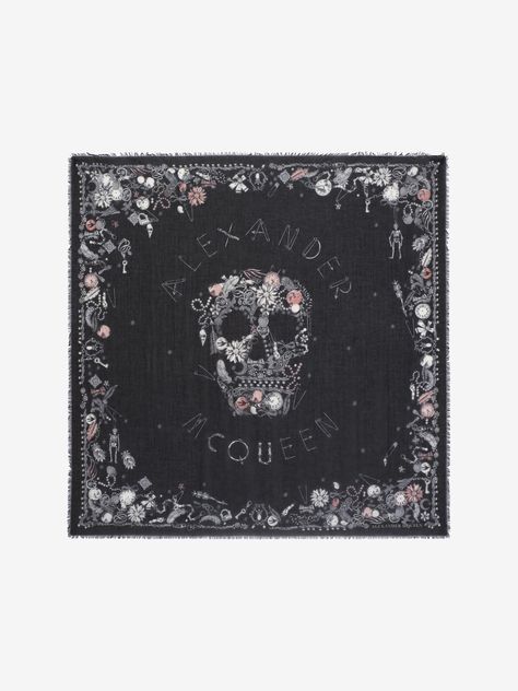 ALEXANDER MCQUEEN "Queen and King" Skeleton Scarf. #alexandermcqueen # King Skeleton, Jeweled Skull, Alexander Mcqueen Skull Scarf, Alexander Mcqueen Skull, Queen And King, Silk Chiffon Scarves, Skull Scarf, Black Jewel, Skull Logo