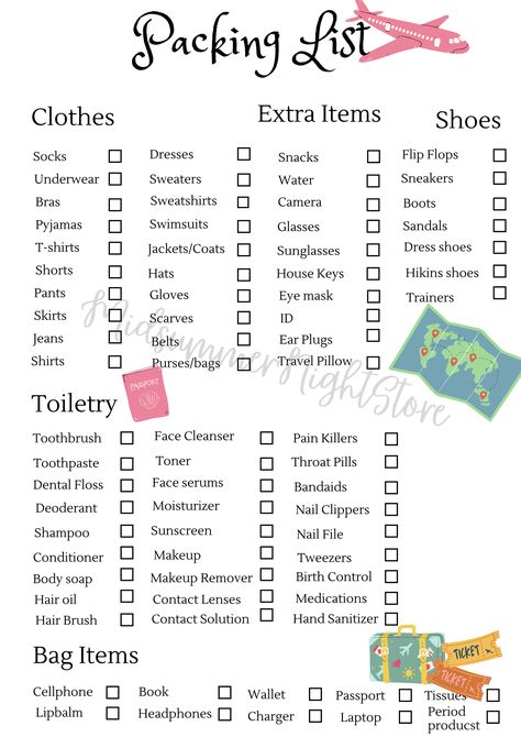 The complete packing checklist for any travel to come. With toiletries, medicine, clothes and extra items.  This way you always go prepared on trips with zero stress. What To Bring For Travel, Packing List For 9 Days, Things To Pack In Suitcase, Small Packing List, Thing To Bring On Vacation, Two Night Trip Packing List, Packing List School Trip, Packing List For 2 Nights, What Should I Pack For A Trip