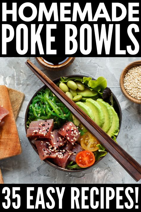 35 Easy to Make Poke Bowl Recipes Worth Trying Poke Bowl Ideas, Poke Bowl Recipes, Homemade Poke Bowl, Sushi Picnic, Homemade Poke, Sushi Bowl Recipe, Poke Recipe, Poke Bowl Recipe, Tuna Poke Bowl