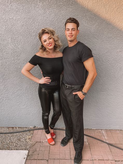 Couple Costumes Grease, Greasers Halloween Costume, Danny Sandy Costume, Grease Couple Halloween Costumes, Sandy Halloween Costume Grease, Greasers Couple Costume, Couples Costumes Greese, Sandy And Danny Grease Costume, Greaser Halloween Costume Couple