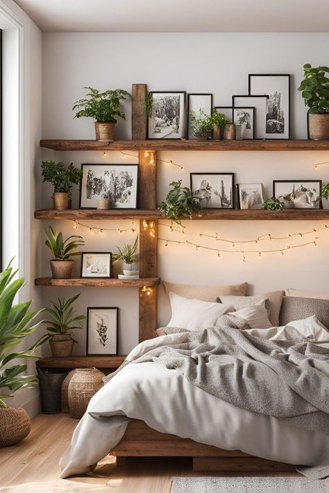 Try out these stunning and easy 22 Bedroom Refresh Ideas on a Budget the next time you want to reorganise your home. Not only are these Ideas easy to do but make such a stunning impact without breaking the bank. These simple Ideas to add Greenery, Floating Shelves, Art etc can make a huge difference. Floating Shelves Around Bed, Rustic Bedroom Shelving, Bedroom Shelf Storage Ideas, Bedroom Decor With Shelves, Wooden Bedroom Shelves, Floating Shelves Small Spaces, Wood Shelves For Bedroom, Plants Over Bed Shelf, Japanese Boho Decor