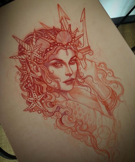 Lynn Akura on Instagram: “Start of the Amphitrite project.” Goddess Mermaid Tattoo, Amphitrite Goddess Tattoo, Amphitrite Tattoo, Ocean Goddess Tattoo, Mermaid With Trident Tattoo, Poseidon And Mermaid Tattoo, Warrior Mermaid Tattoo, Line Work Mermaid Tattoo, Mermaid Sleeve Tattoos