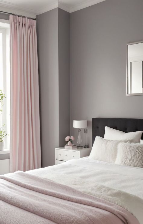 Create a chic and soothing bedroom aesthetic by incorporating pink, grey, and white elements. Opt for a statement wall in soft pink, complemented by grey bedding and a white fur rug, for a stylish and relaxing space. Pink Grey White Bedroom, Pink Bedding Bedroom, Grey White Bedroom, Pink Gray Bedroom, Light Pink Bedrooms, White Fur Rug, Light Gray Bedroom, Cleaning White Walls, Pink And Grey Room