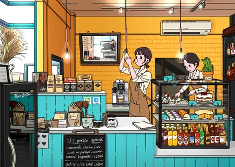 ArtStation - Coffee shop Coffee Shop Art Drawing, Coffee Shop Illustration Art, Coffee Shop Illustration Drawings, Coffee Shop Drawing Illustration, Pixel Coffee Shop, Cafe Interior Illustration, Anime Coffee Shop Aesthetic, Anime Cafe Art, Coffee Shop Reference