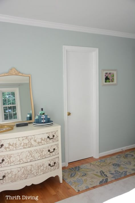 Sherwin Williams Sea Salt and Rainwashed - Rainwashed master bedroom makeover with painted dresser. - Thrift Diving Rainwashed Sherwin Williams, Sea Salt Paint, Sherwin Williams Sea Salt, Bedroom Makeover Before And After, Sea Salt Sherwin Williams, Basement Guest Rooms, Family Room Makeover, Decor Videos, Bathroom Paint Colors