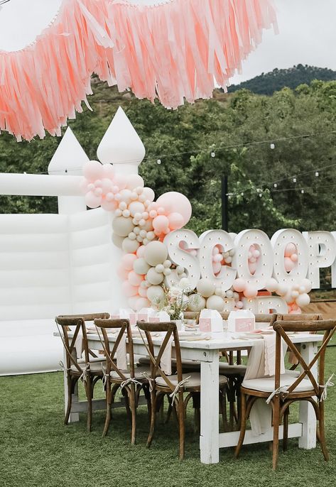 Scooped Up Bridal Shower — Inflate San Diego Party Rentals Up Balloon Arch, Sugar Cookies To Decorate, Rattan Panel, Pink Table Settings, Up Balloons, Marquee Lights, Pink Table, Karas Party Ideas, Bridal Shower Theme