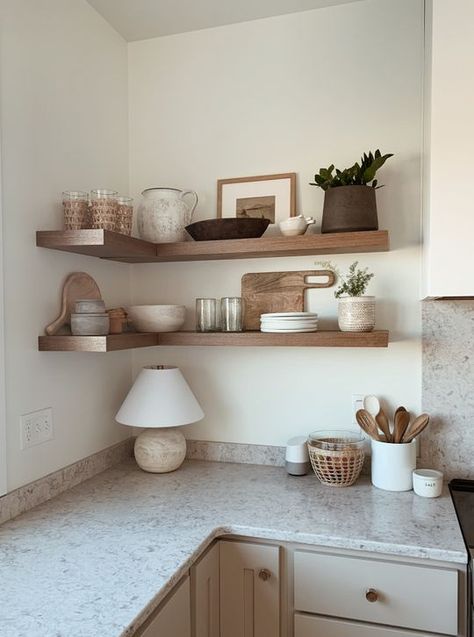 Corner Shelves Kitchen, Kitchen Shelf Styling, Floating Kitchen Shelves, Suite Decor, Kitchen Floating Shelves, Kitchen Wall Shelves, Kitchen Shelf Decor, Floating Shelves Kitchen, Home Decor Ideas Bedroom