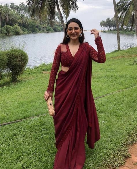 Saree For Warm Skin Tone, Saree Blouse Ideas Modern, Wine Red Saree For Farewell, Wine Colour Saree For Farewell, Long Sleeve Saree Blouse Designs, Convocation Saree Graduation Indian, Full Sleeve Blouse Designs Saree, Modern Saree Look For Wedding, Maroon Saree Look