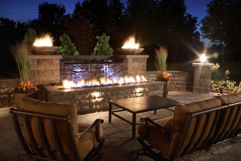 Fire Features – Project Type – Watkins Concrete Block Pool Fire And Water Feature, Fire Pit With Water Feature Backyards, Fire Pit And Water Feature Ideas, Outdoor Fire Feature Ideas, Outdoor Fireplace With Water Feature, Water And Fire Features For The Yard, Backyard Fire Features, Outdoor Fire Feature, Pools With Fire Features