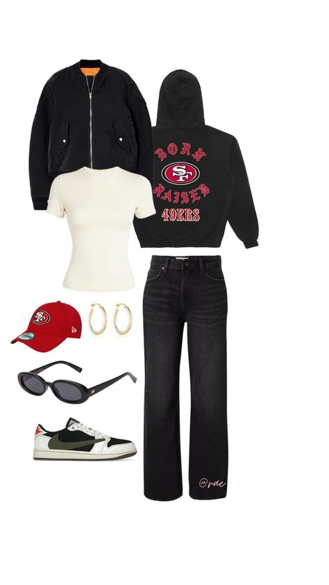 superbowl outfit I 49ers 49ers Game Outfit Women, Superbowl Outfit, 49ers Outfit, Super Bowl Outfit, Outfits With Hats, Gaming Clothes, Vision Board, Clothes For Women, Outfit Inspo