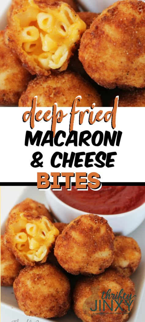 Deep Fried Mac And Cheese Balls Recipe, Deep Fried Macaroni And Cheese Balls, How To Make Fried Mac And Cheese Balls, Mac Cheese Balls Fried, Deep Fried Sides, Things To Fry In A Deep Fryer, Fried Appetizers For Party, Breaded Mac And Cheese Bites, Macaroni Cheese Balls Recipe