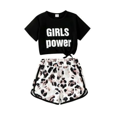 Explore versatile style with the PatPat Kid Girl 2 Pieces Outfits. This set, featuring a Tie Knot Top and Leopard Print Bottom shorts, is perfect for a variety of occasions such as lounging, outdoor adventures, street style, sports, workouts, and everyday wear. Available in sizes 5-12, it ensures comfort and fashion for any activity your little one engages in. Size: 5-6 Years.  Color: Black.  Pattern: graphic. Cute Outfits For 3rd Graders, Cute Summer Outfits For Girls 9-10, Outfits For Ten Year Old Girl, Clothes For Girls 7-8, Cute Outfits For Girls 9-10 Kids Clothes, Cute Outfits For Kids 9-10, Tie Knot Top, Floral Outfit Summer, 2 Pieces Outfits