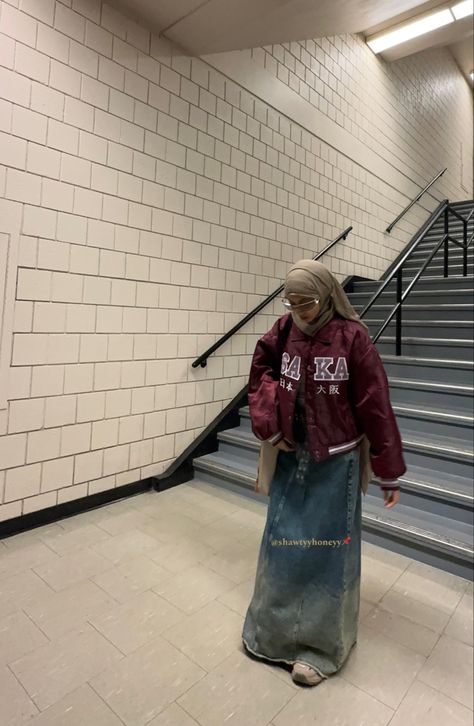 #streetstyle #streetwear #modest #aesthetic #hijab #inspo #itgirl #uni #glasses #denimskirt #jeanskirt #pufferjacket #varsityjacket #bomberjacket #fashion #collegefits #casual #cool #maroon #beige #stargirl #fall #outfitideas #instafashion #influencer #fashionicon #hijabi #muslim #islam #western #modern #uk #london #metro #nyc #paris #osaka #osakajapan Bomberjacket Streetstyle, Modest Streetwear Fashion, Streetwear Hijab, Muslim Streetwear, Hijabi Streetwear, Metro Nyc, Modest Aesthetic, Modal Hijab, Streetwear Skirt