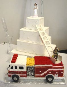 Fireman Cake Topper with Ladder | Firefighter wedding cake complete with engine and ladder and the bride ... Firefighter Wedding Cakes, Fireman Wedding, Fire Fighter Cake, Fireman Cake, Firefighter Wedding, Fire Wife, Firefighter Wife, Grooms Cake, Wedding Vows