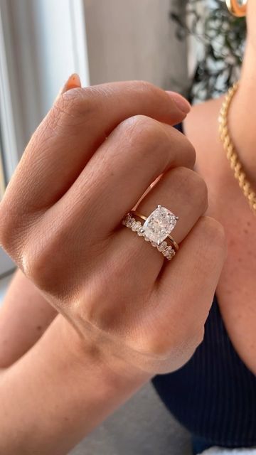 Dream Wedding Ring, Stacked Wedding Bands, Cute Engagement Rings, Elongated Cushion, Cushion Engagement Ring, Future Engagement Rings, Buying An Engagement Ring, Cushion Cut Engagement Ring, Oval Engagement