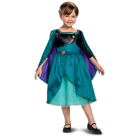 Venture into Arendelle this Halloween in this Queen Anna Classic Frozen 2 dress. The beautiful draping of teal satin on the costume will make you feel like a true Arendelle royal. Costume features a detachable cape with metallic ribbon trim and a satin dress with a molded buckle with the crest of Arendelle. #Halloween #HalloweenCostume #Halloweenideas #HalloweenCostumeIdeas #anna #queenanna #arendelle #annacostume Anna Halloween Costume, Anna Dress Frozen, Anna Costume, Detachable Cape, Frozen Queen, Frozen Dress, Memory Maker, Frozen Costume, The Enchanted Forest