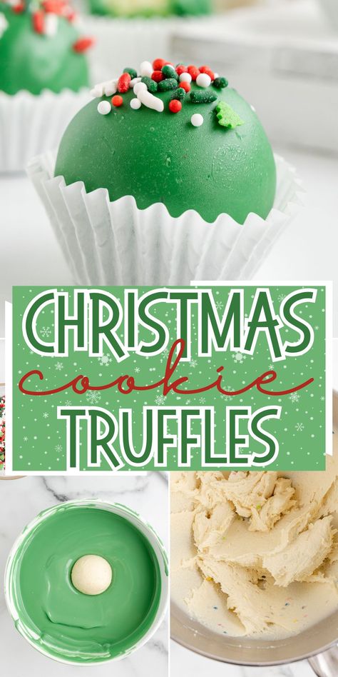 These festive Christmas Cookie Truffles use store-bought frosted Lofthouse sugar cookies to create little balls of sweet cookie goodness, dunked in chocolate, and then decorated with Christmas sprinkles. Loft House Cookie Truffle, Lofthouse Christmas Truffles, Oreo Cookie Truffle Balls, Christmas Cookie Truffles, Nutter Butter Christmas Cookies, Cakeballs Recipes, Stuffed Christmas Cookies, Little Debbie Cake Balls, Christmas Sugar Cookie Bites