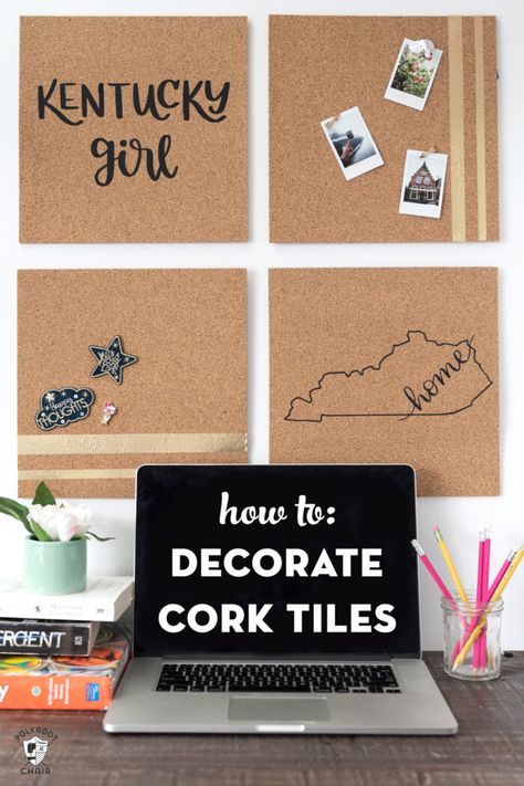 DIY Cork Board Made with Iron On Vinyl | The Polka Dot Chair Cricut Diy Projects, Diy Corkboard, Dorm Room Decor Diy, Dorm Room Crafts, Diy Cork Board, Diy Dorm Decor, Diy Cork, Polka Dot Chair, Dorm Diy