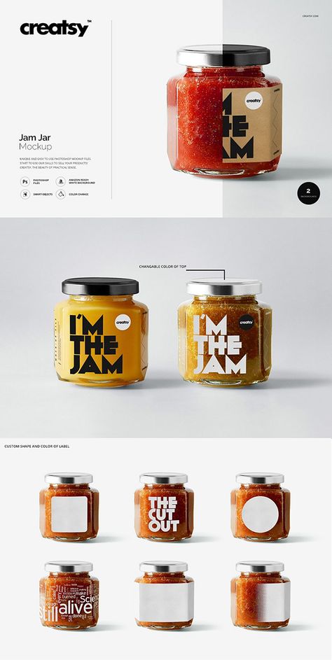 Jam Jar Mockup . Jam jar template - layered, editable psd file prepared to showcase your custom design, by simply editinng the smart object and color layers. files works only in Photoshop (min. PS CC 2015); pack includes 2 .psd files with 2 different views, file specs: 2500x2000 px 300dpi; changeable color of top and design of label (via smart objects); every shape of label available; backgrounds: neutral and white (check preview); Amazon ready Jam Jar Packaging Design, Jam Packaging Design Creative, Jar Packaging Design Creative, Homemade Jam Packaging, Jam Packaging Design, Jam Label Design, Jam Branding, Jar Packaging Design, Backgrounds Neutral