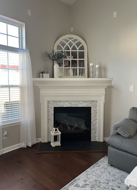 Corner Chimney Ideas, Painted Corner Fireplace, Above Corner Fireplace Decor, Deep Corner Fireplace Mantle Decor, Corner Mantel Decor, Caddy Corner Fireplace, Corner Fireplace Mantel Decor, Deep Corner Fireplace Decor, How To Decorate A Corner Fireplace