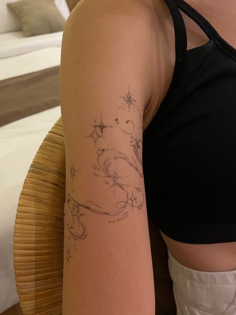 Cloud Tattoo Ribs, Sketchbook Tattoos Women, Ethereal Tattoos Sleeve, Mystical Matching Tattoos, Spine Fairy Tattoo, Fine Line Ornamental Tattoo Arm, Intricate Star Tattoo, Mythical Back Tattoo, Fairy Style Tattoo