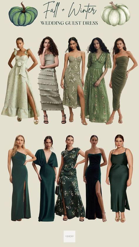 Collage highlighting a variety of green wedding guest dresses from Anthropologie, specifically curated for the fall 2023 season. The dresses, ranging from deep emerald to muted olive shades, encapsulate the rich and earthy tones of autumn. Each style showcases Anthropologie's signature fusion of bohemian artistry and modern sophistication, offering ideal choices for fall nuptial events. Green Fall Wedding, Green Wedding Guest Dresses, Green Fall Weddings, Forest Wedding Dress, Fall Wedding Guest Dresses, Bohemian Bridesmaid Dress, V Chapman, Olive Green Weddings, Bohemian Wedding Guest