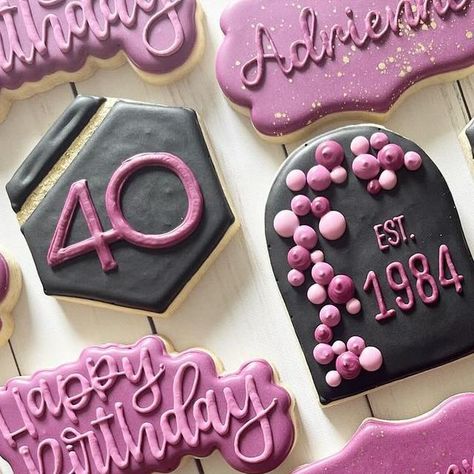 Brown Sugar on Instagram: "forty. 🖤 • • #decoratedcookies #customcookies #cookiesofinstagram #royalicingcookies #birthdaycookies #40thcookies #40thbirthday #houstonbaker" 40th Birthday Cookies Decorated, 40th Birthday Cookies, Decorator Cookies, Cookie Baskets, Creative Cookies, 40th Birthday Parties, Cookie Ideas, Birthday Cookies, Royal Icing Cookies