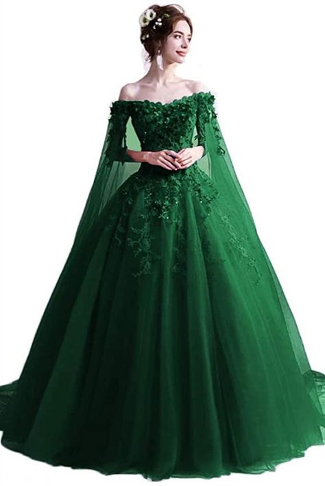 This dark green ball gown features floor length with train, built in bra, lace up back, off the shoulder, sleeveless, lace applique with 3D flowers, soft tulle with cape, quinceanera dresses. Purple Ideas, Puffy Prom Dresses, Masquerade Ball Gowns, Green Ball Gown, Green Homecoming Dresses, Green Wedding Dresses, Pretty Quinceanera Dresses, Verde Smeraldo, Green Gown