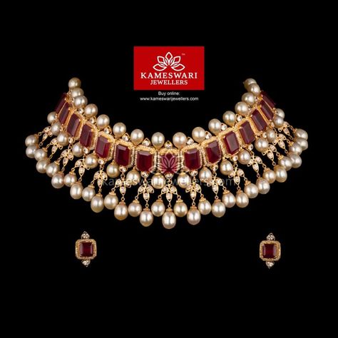 Ruby Choker Necklace Indian, Ruby Necklace Indian, Ruby Choker, Studded Choker, Kameswari Jewellers, Temple Jewelry Necklace, Choker Designs, Pearl Necklace Designs, Gold Necklace Indian Bridal Jewelry