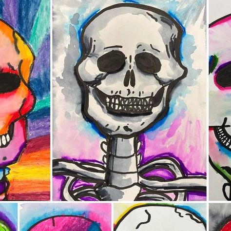 Lauralee Chambers🌀 on Instagram: "5th grade studies the human skeleton with me in art every year at this time. They use a reference with simple lines to draw from and then I demo the features. After that…Outcomes are endless. #watercolor #oilpastel #skullart" Grade 6 Halloween Art, 5th Grade Halloween Art Projects, Grade 3 Halloween Art, Oil Pastel Art Lessons Elementary, How To Draw Skeletons, Halloween Art Ideas Drawing, 5th Grade Crafts, Teen Art Projects, Skeleton Art Projects