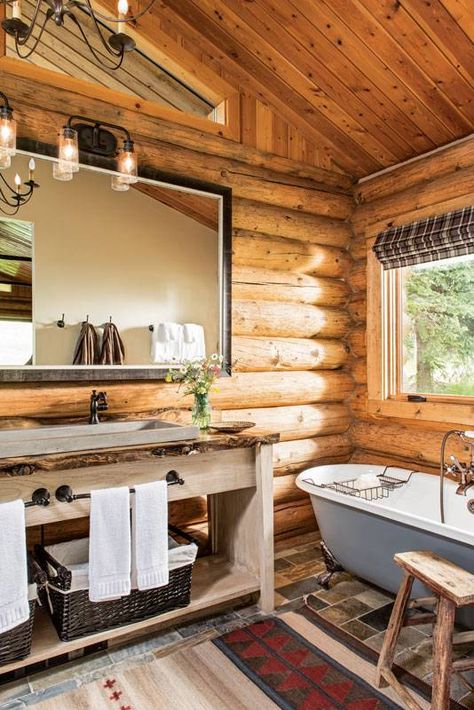 Log Home Bathroom, Log Cabin Bathroom, Mountain Cabin Decor, House Aesthetics, Cabin Interior Design, Cabin Bathroom, Log Cabin Interior, Log Cabin Ideas, Cabin Bathrooms