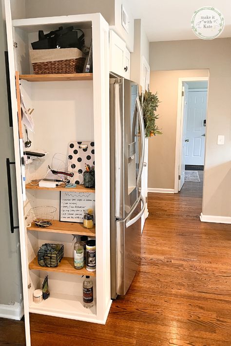 Ideas For Cabinet Above Refrigerator, Side Of Fridge Storage Diy, Fridge Doesnt Fit In Kitchen, Built Around Fridge, Fridge Framed In, Diy Fridge Frame, Box In Fridge, How To Build Cabinet Above Fridge, Cabinets By Fridge