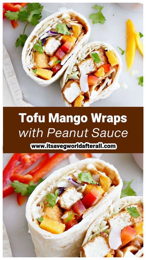 tofu mango wraps with text box for recipe name and website Mango Tofu, Summer Vegetable Recipes, Mango Wrap, Tofu Wraps, Plant Based Recipes Easy, Healthy Vegetable Recipes, Coleslaw Mix, Garlic Recipes, Summer Vegetable