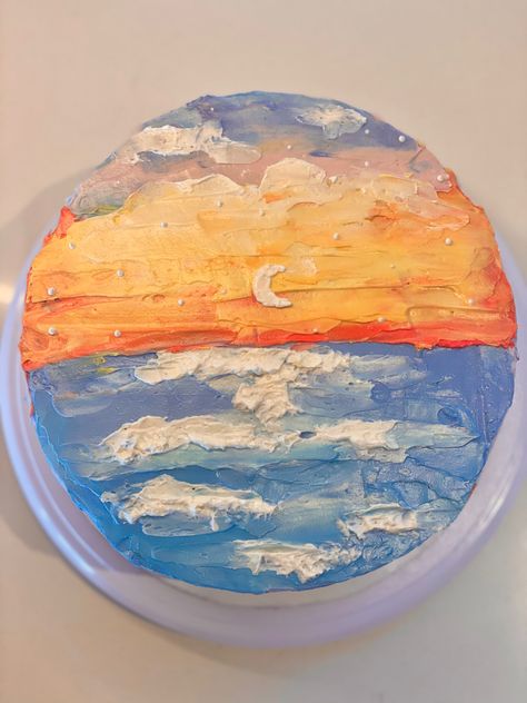 Sunset Cake Design, Sunset Birthday Cake, Sunrise Cake, Sunset Cake, Paint Cake, Ocean Cake, Malibu Sunset, Ocean Cakes, 16 Birthday Cake