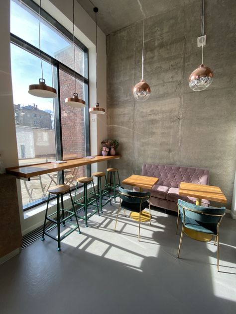 Interior Small Coffee Shop, Small Coffee Shop Seating Ideas, Window Seating Coffee Shop, Table For Cafe Coffee Shop, Coffee Shop Office Design, Coffee Shop Work Space, Coffee Shop Couch Seating, Small Coffee Shop Seating, Coffee Shop Seating Area