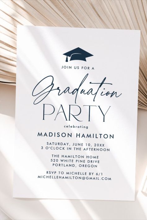 Modern Navy Script Graduation Party Invitation
Modern graduation party invitations featuring a black graduation cap at the top of the design with "Graduation Party" displayed in navy script typography on a white background. Personalize the minimalist graduation party invitation with the graduate's name and party details! #graduationinvitations #classof2024 #graduationparty #celebrategraduation #graduationannouncement #elegant #minimalist Invitation Card Graduation, Minimalist Graduation Party, Modern Graduation Party, Graduation Invitation Cards, Black Graduation, Graduation Party Invitation, Script Typography, Bon Weekend, Party Details