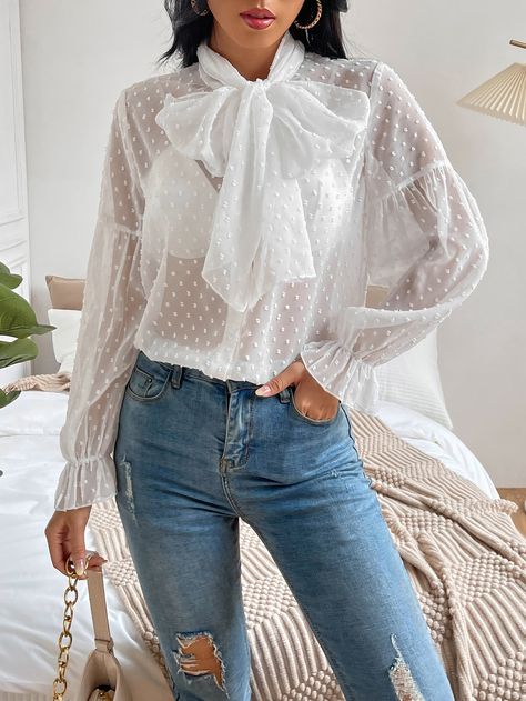 Without Bra, Plain Shirt, Chiffon Long Sleeve, Women Blouses, Plain Shirts, Sheer Chiffon, Chiffon Shirt, Swiss Dot, Tie Neck