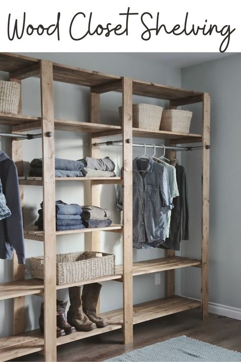 Clothes Storage Without A Closet, Bedroom Closet Shelves, Pipe Closet, Ideas Decorar Habitacion, Wood Closet Shelves, Shelves Furniture, Master Closet Organization, Closet Planning, Bedroom Closet Storage