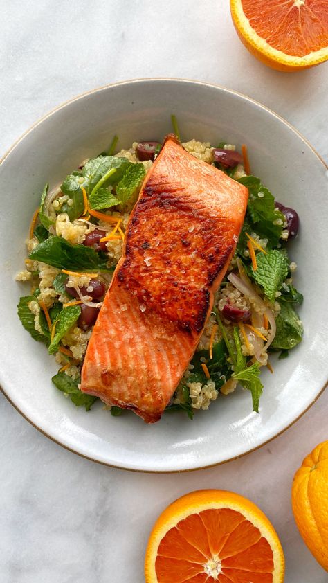 Essen, Jake Cohen, Honey Glazed Salmon Recipe, Seared Salmon Recipes, Salmon Quinoa, Orange Vinaigrette, Quinoa Bowls, Creamy Avocado Sauce, Marinated Salmon