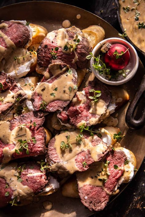 Beef Tenderloin Crostini with Parmesan Wine Cream Sauce: Feels elegant yet comes together in under an hour...sure to be loved by all! Beef Tenderloin Crostini, Tenderloin Crostini, Wine Cream Sauce, Toasted Crostini, Beef Tenderloin Roast, Half Baked Harvest Recipes, Meat And Potatoes, Tenderloin Roast, Crostini Recipes