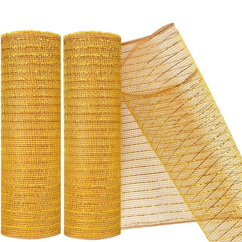 PRICES MAY VARY. ❤ Great Value - The package includes 2 rolls decor mesh ribbon. The deco mesh edge is not wired. Length: 10 yards (30 feets), Width: 10 inches for each roll. Beautiful solid colors matched with metallic foil. ❤ Premium Material - The Colorful Deco Mesh is made of professional quality polyester and metallic foil, exquisite, good flexibility, light weight, waterproof and long lasting. ❤ Easy To DIY - The Decor Mesh Ribbon can be arbitrarily cut to the size you need, soft to be mol Deco Mesh Wreath Supplies, Deco Mesh Ribbon, Spring Wreaths, Wreath Decoration, Wreath Supplies, Mesh Ribbon, Shades Of Gold, Mesh Wreath, Sewing Trim